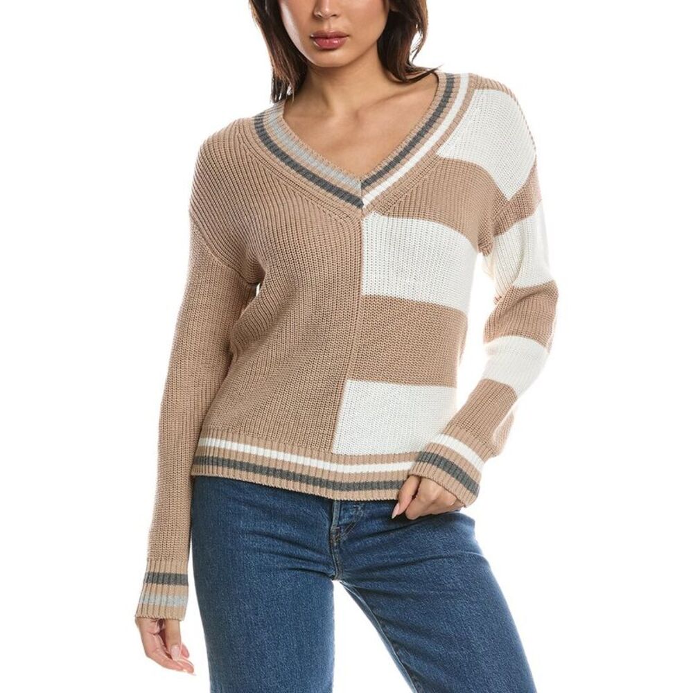 Wispr Womens  Valerie Stripe V-Neck Sweater, Brown